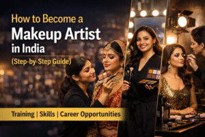 Makeup artist applying bridal makeup representing a career as a makeup artist in India.