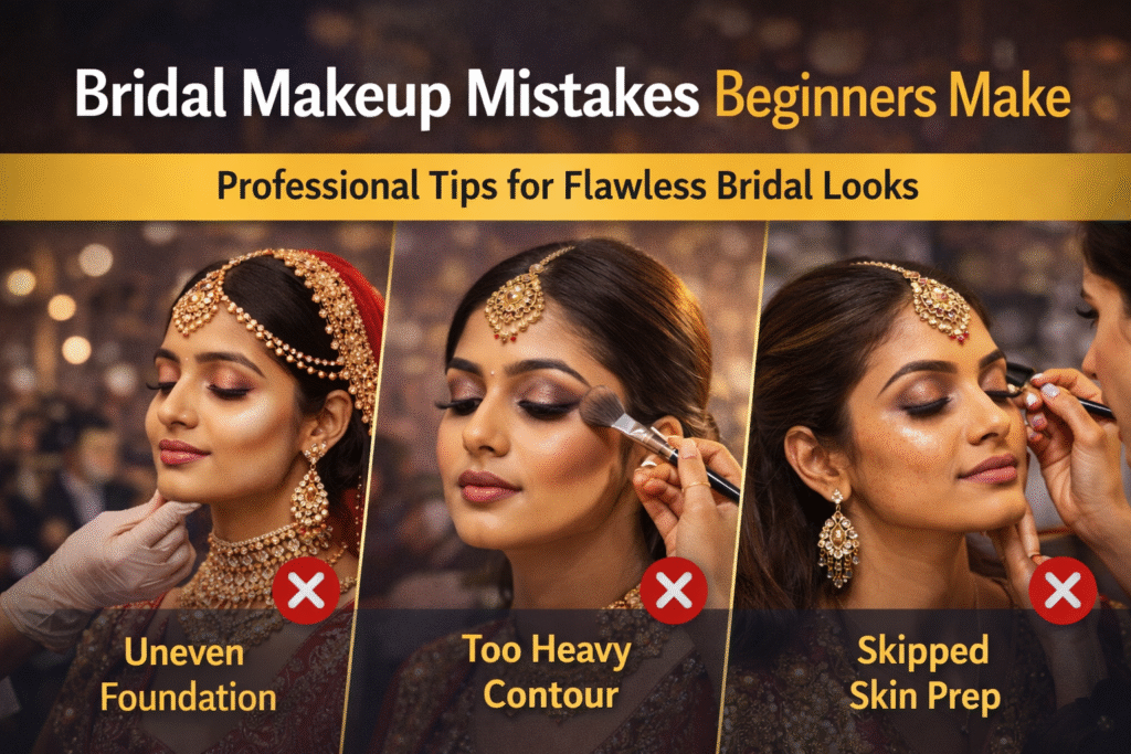 Bridal makeup artist applying makeup on bride illustrating common bridal makeup mistakes beginners make.