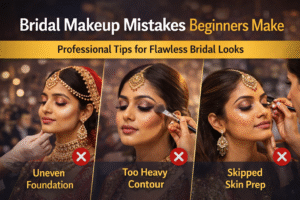 Bridal makeup artist applying makeup on bride illustrating common bridal makeup mistakes beginners make.