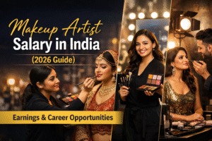 Professional makeup artists working on bridal and studio makeup looks, illustrating makeup artist salary and career opportunities in India.