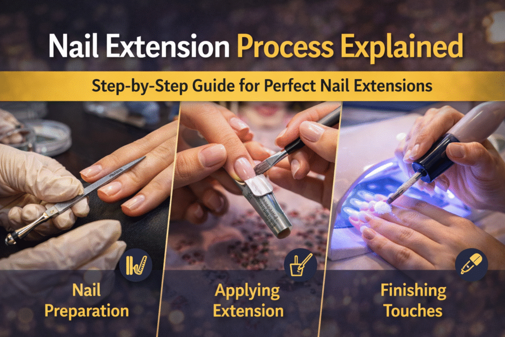 Nail technician performing nail extension process including nail preparation, application, and finishing for professional nail extensions.